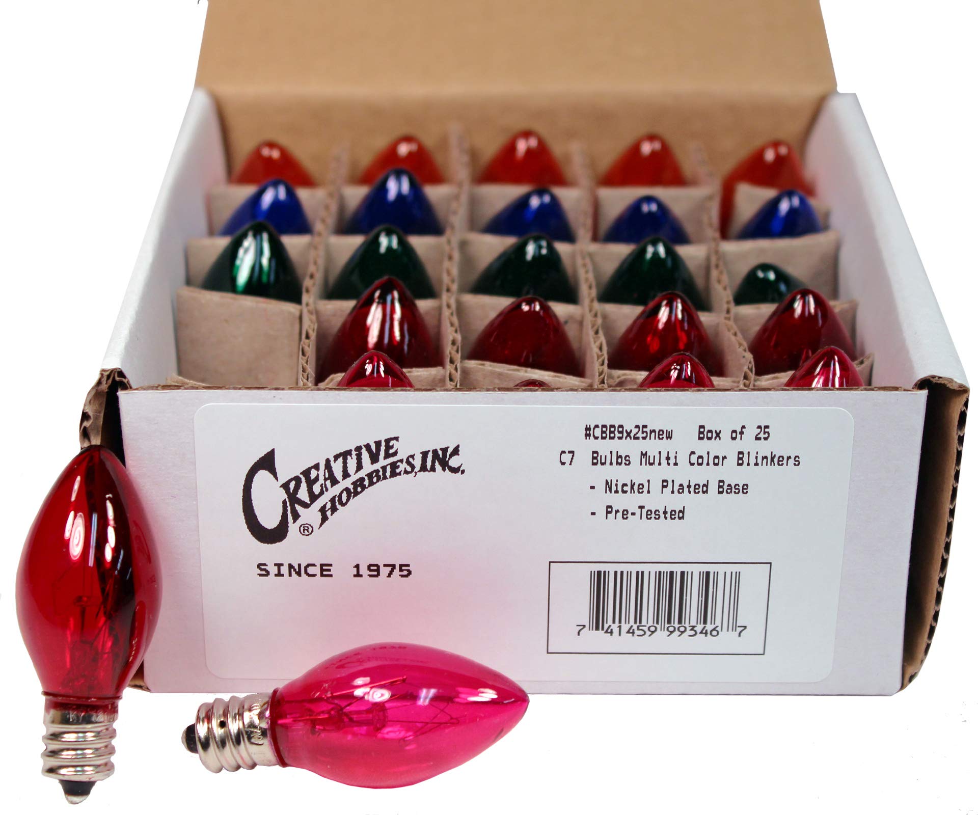 Creative Hobbies® Box of 25 Colored Light Bulbs, Random Blinking, 7 Watt, C7 Candelabra Base -Great for Night Lights and Christmas Strings