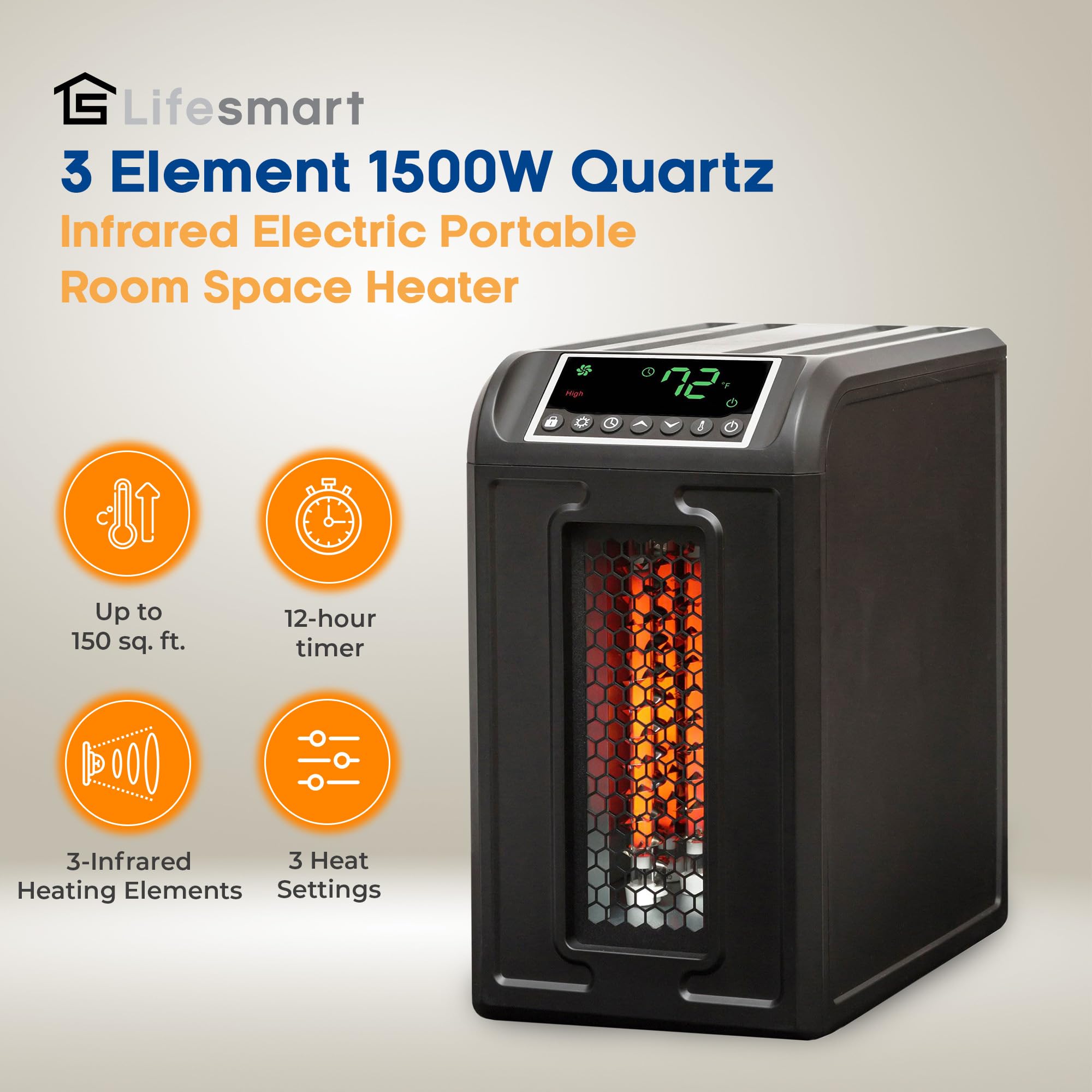 Lifesmart Infrared Quartz Space Heater, 1500W Portable 3 Element Heater with Remote, Black