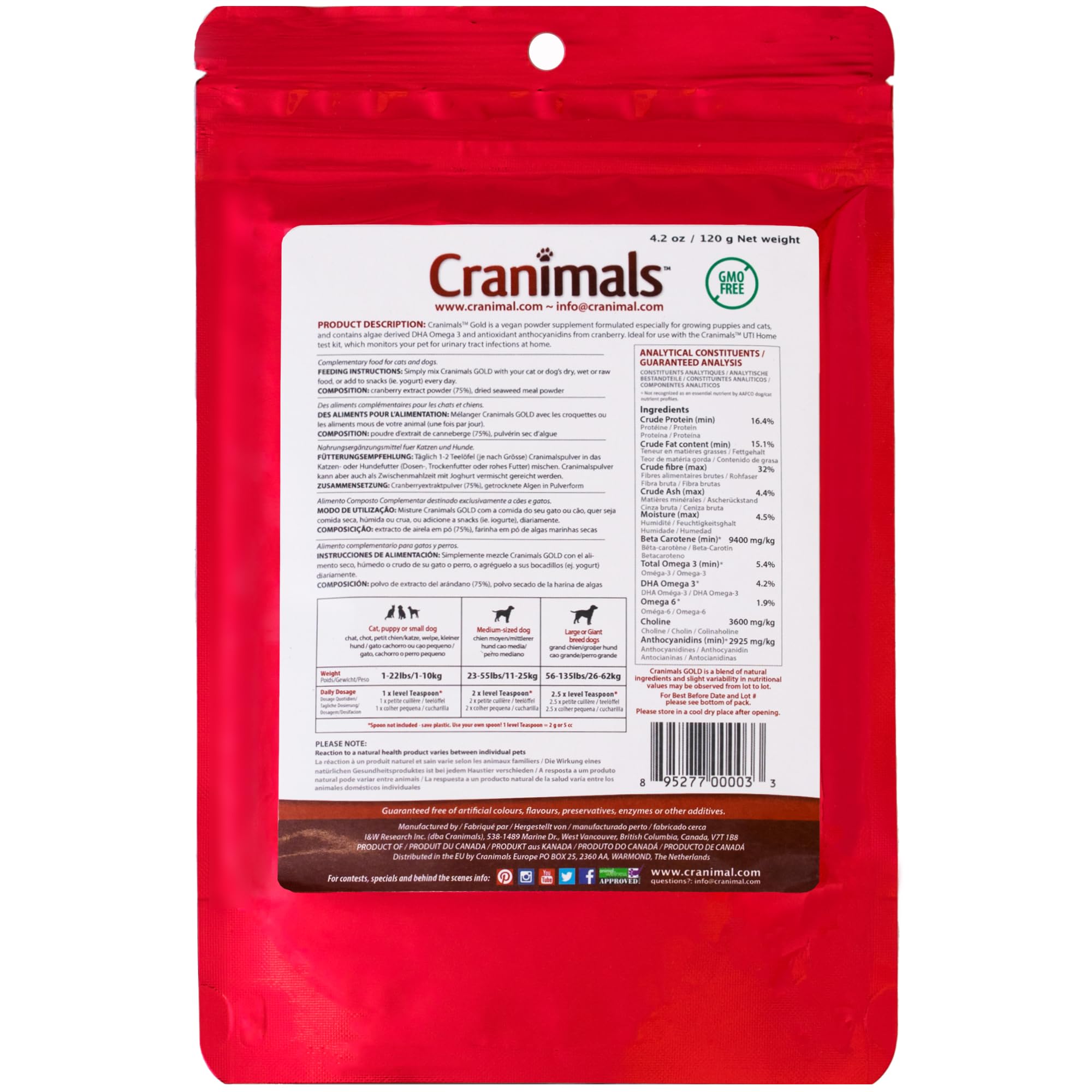 Cranimals Gold Cranberry Powder for Cats - Vegan DHA Omega 3, Urinary Health Support - Two Pure Ingredients, No Additives - Replace Fish Oil with Cranberry Antioxidants- 120g/ 4.2 Oz Bag