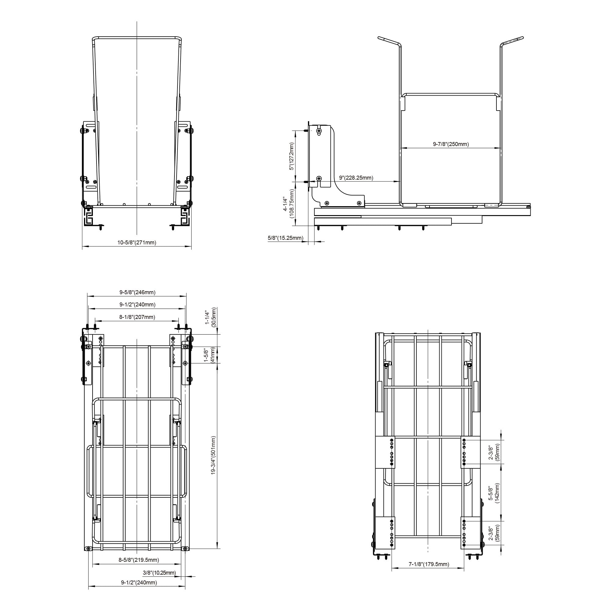 Dowell Alu Bottom Mount Pull- Out Waste Container W/Door Mounting Kit - Single Grey Recycling Bin- for Both 15” Frameless & Face Framed Cabinet -4012 0115 35