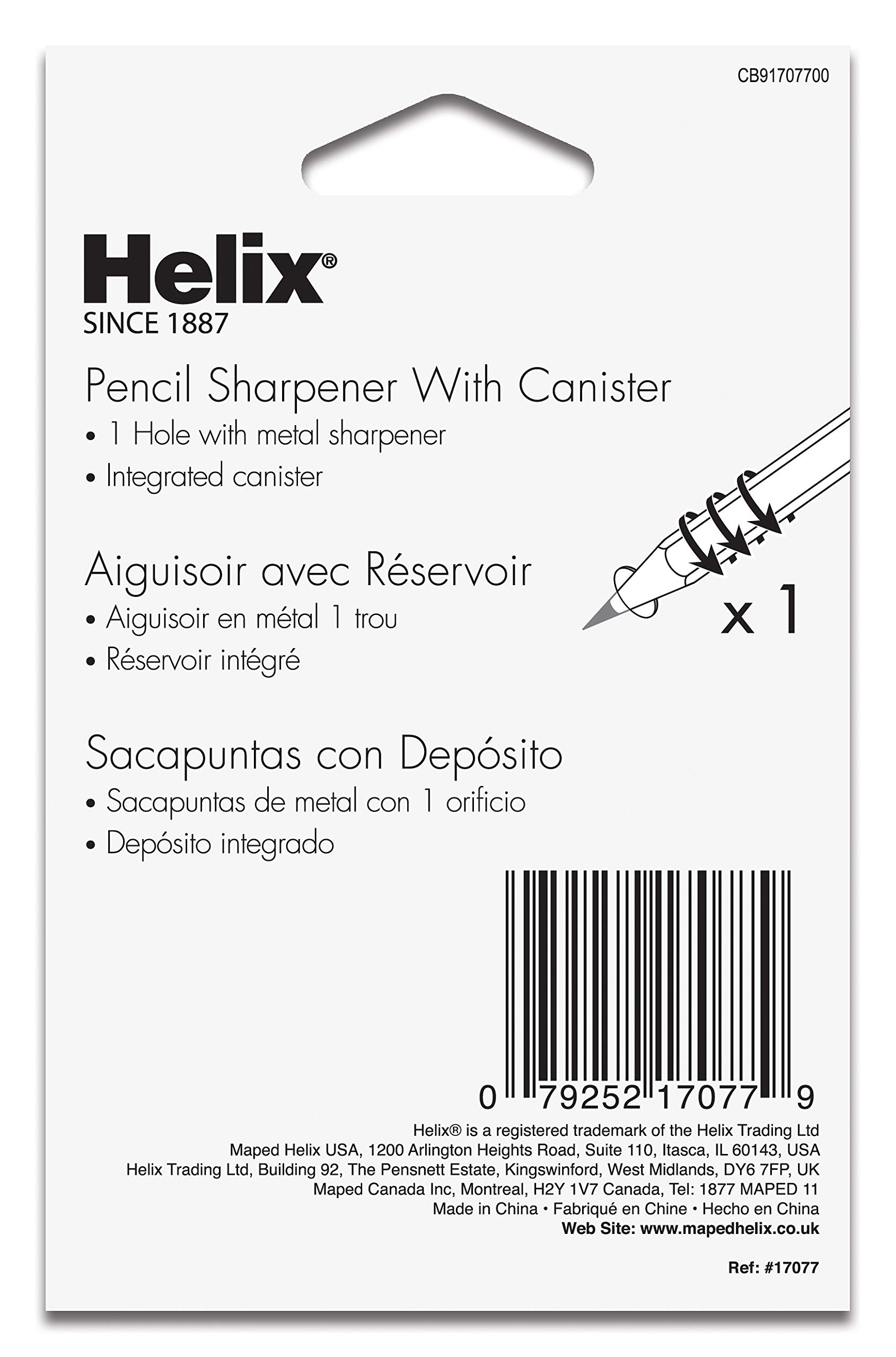 Maped Helix USA - Helix Canister 1 Hole Pencil Sharpener - Standard Pencil Compatibility - Durable Steel Blade - Assorted Colors