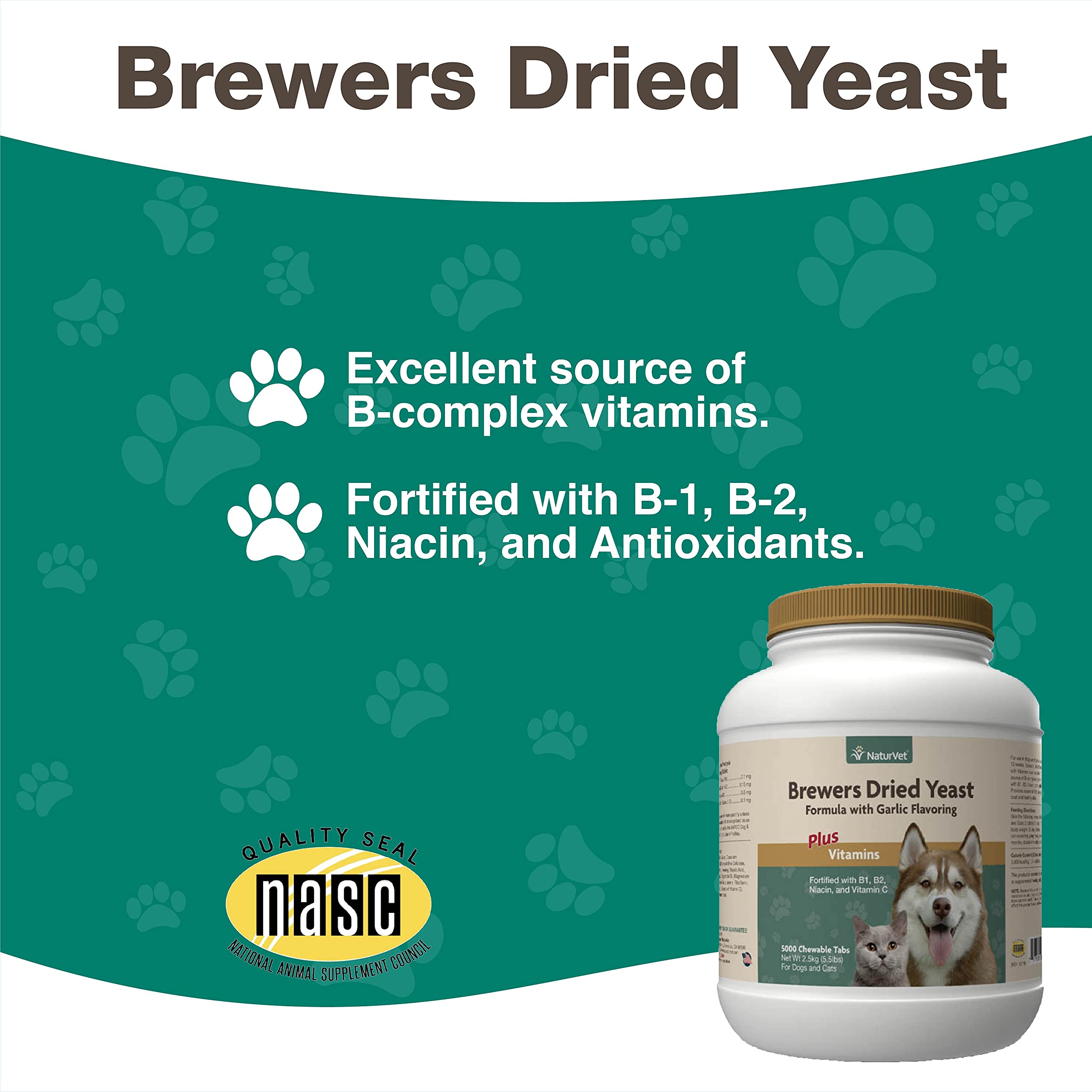 NaturVet Brewer’s Dried Yeast Pet Supplement with Garlic Flavoring – Includes B-1, B-2 Vitamins, Niacin, Vitamin C – Helps Support Glossy Coat, Healthy Skin for Dogs, Cats – 5,000 Ct.