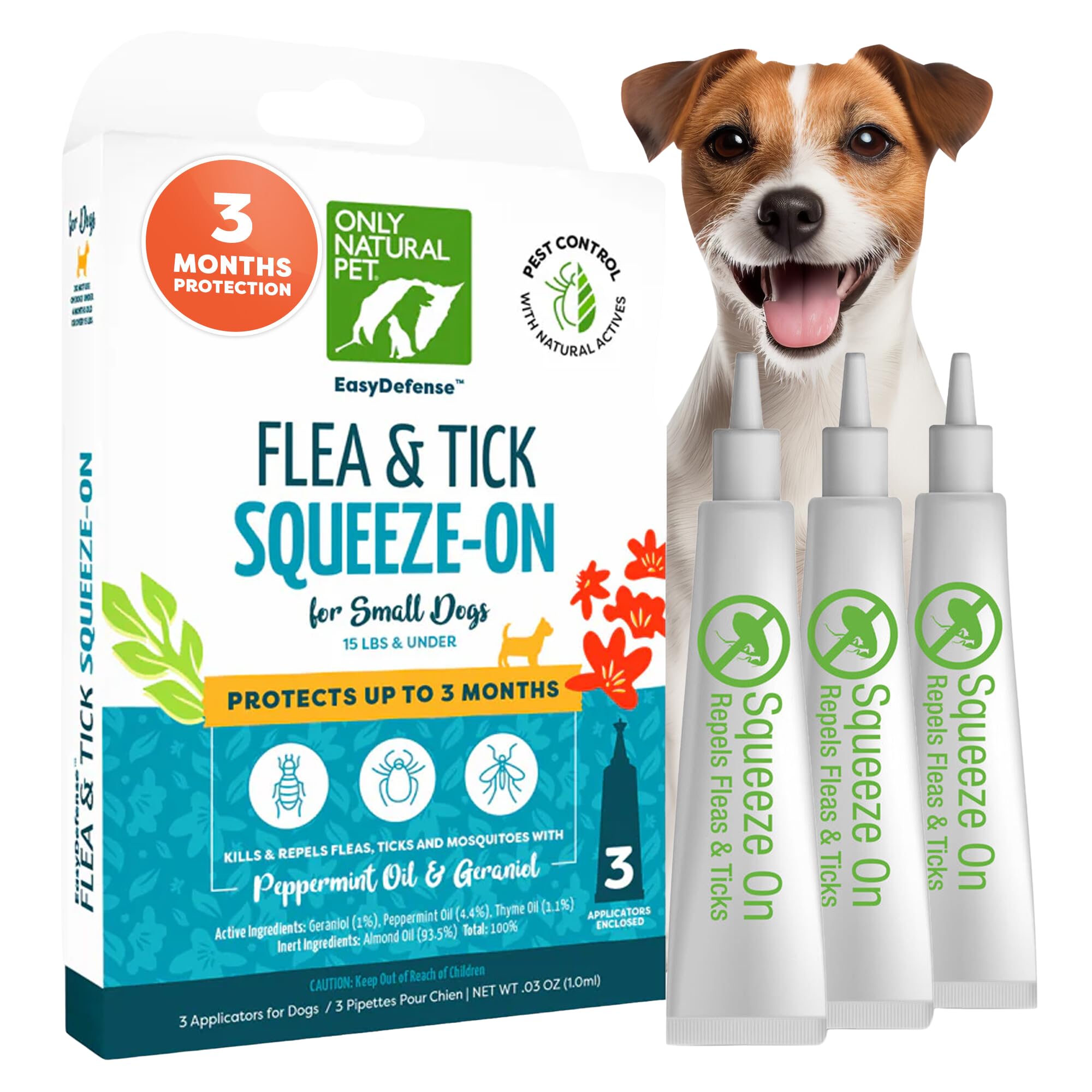 Only Natural Pet Flea and Tick Prevention for Small Breed Dogs (up to 15 lbs) - EasyDefense Flea Remedy - Natural Flea Control Herbal Squeeze-On Drops - Three Month Supply (Single)