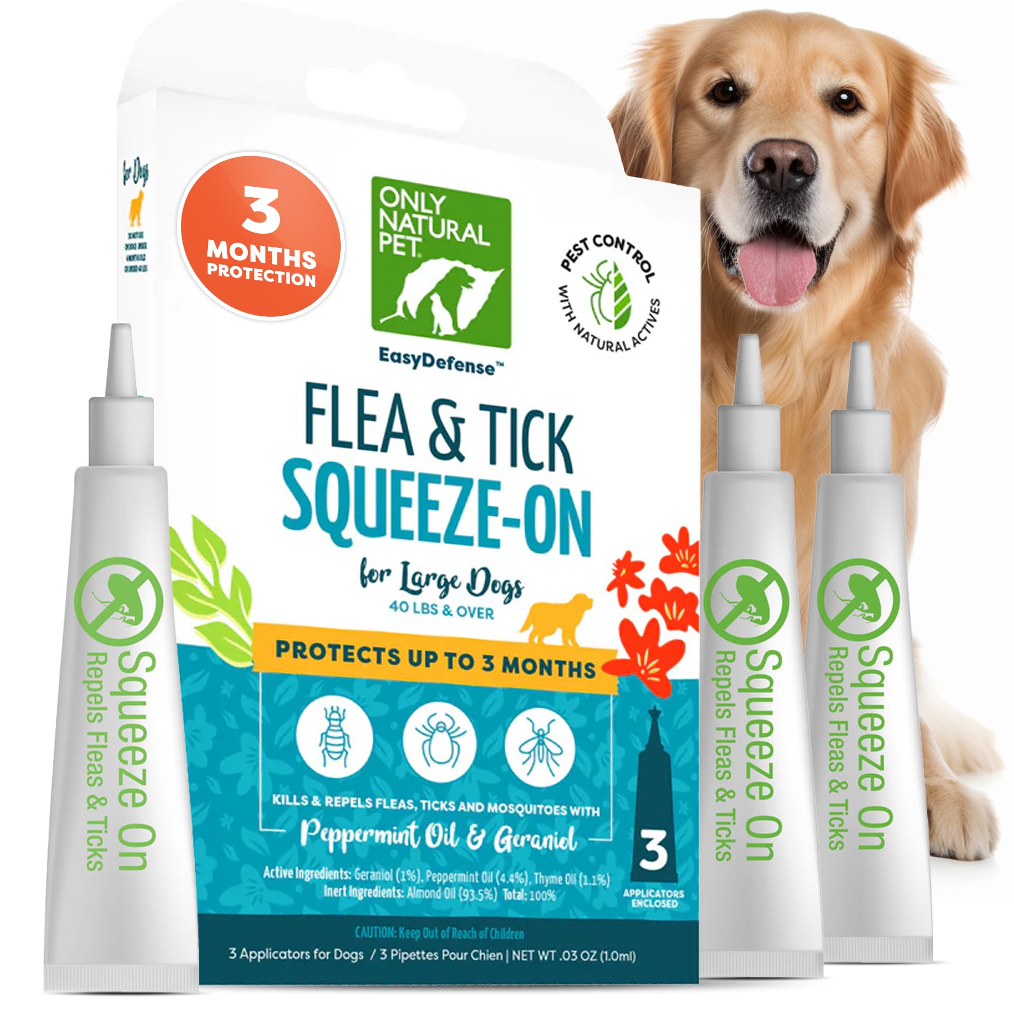 Only Natural Pet Flea and Tick Control for Large Breed Dogs (Over 40 lbs) - EasyDefense Flea & Tick Herbal Squeeze-On Drops - 3 Month Supply