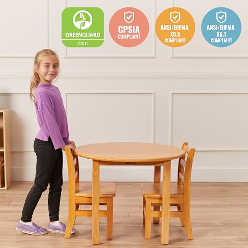 ECR4Kids 30in D Round Hardwood Table and Chair Set, 12in Seat Height, Kids Furniture, Honey