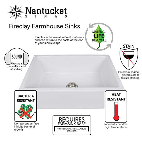 Nantucket Sinks T-FCFS-20 20-Inch Single Bowl Fireclay Farmhouse Kitchen Sink, White