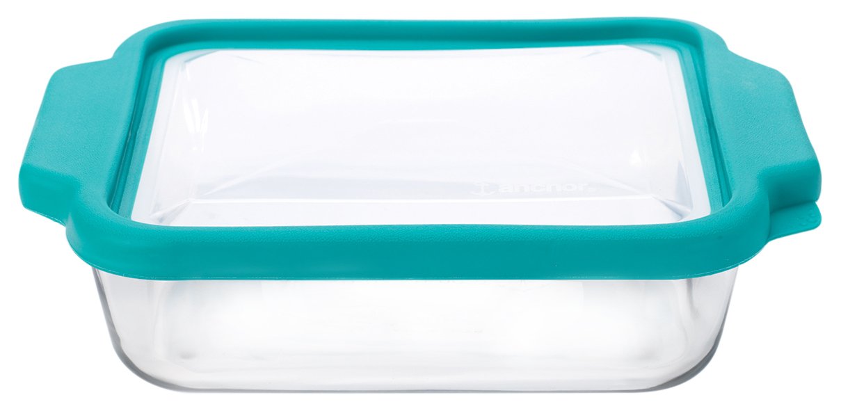 Anchor Hocking Glass Baking Dishes for Oven, 8 Inch Square Glass Cake Pan with TrueFit Teal Lid