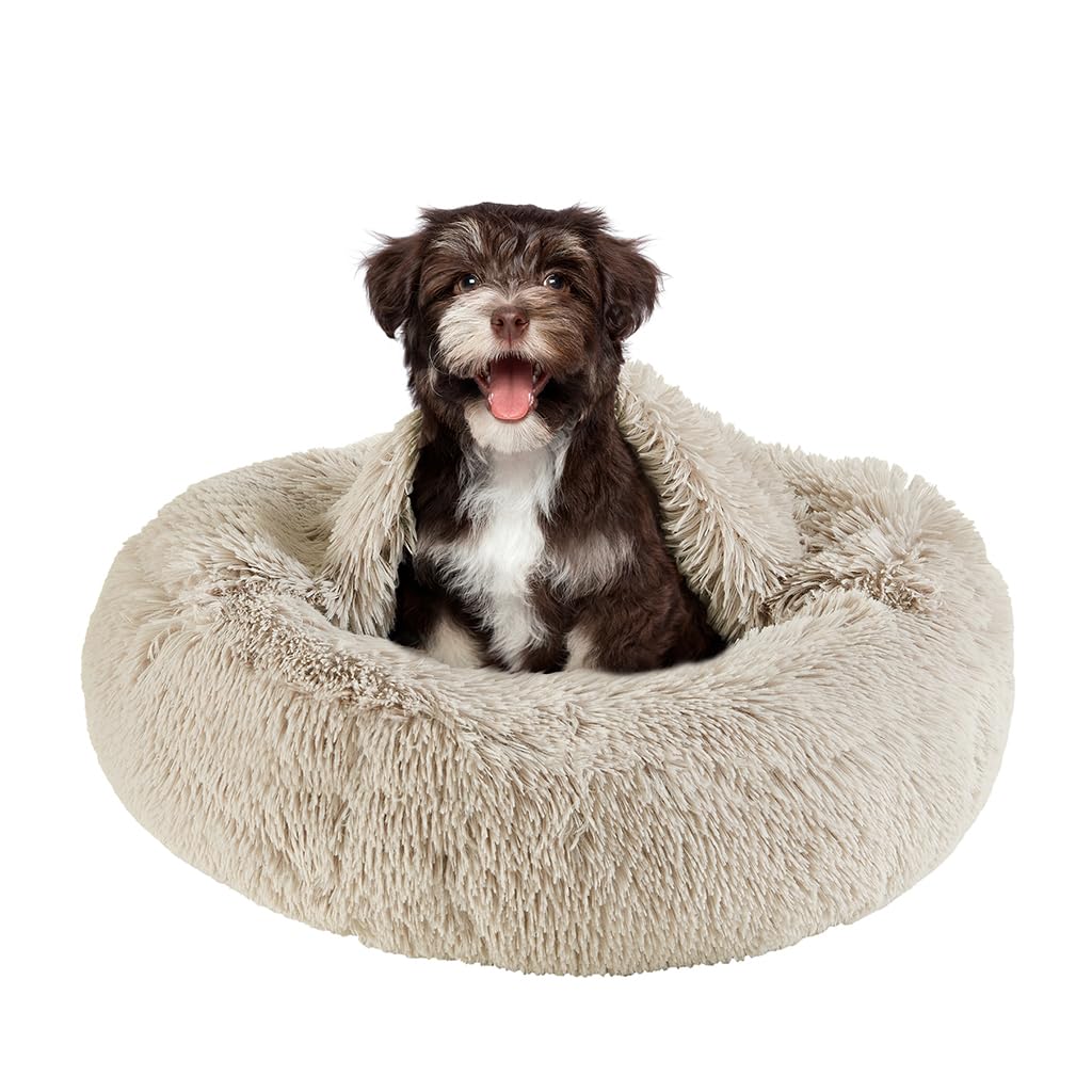 Friends Forever Luna Donut Cat Bed Cave, Soft Faux Fur Hooded Blanket Dog Couch For Indoor Pet, Fluffy Calming Plush Shag, Cozy Round Cushion, Machine Washable Cuddler, Self Warming, Tan, Small (23"x23"x6")