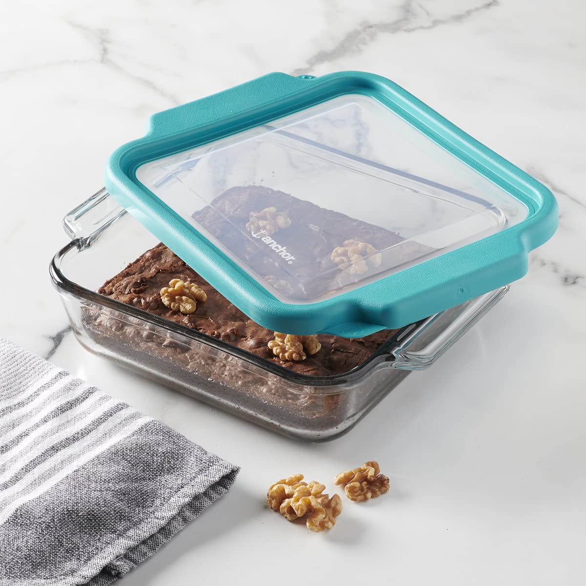 Anchor Hocking Glass Baking Dishes for Oven, 8 Inch Square Glass Cake Pan with TrueFit Teal Lid