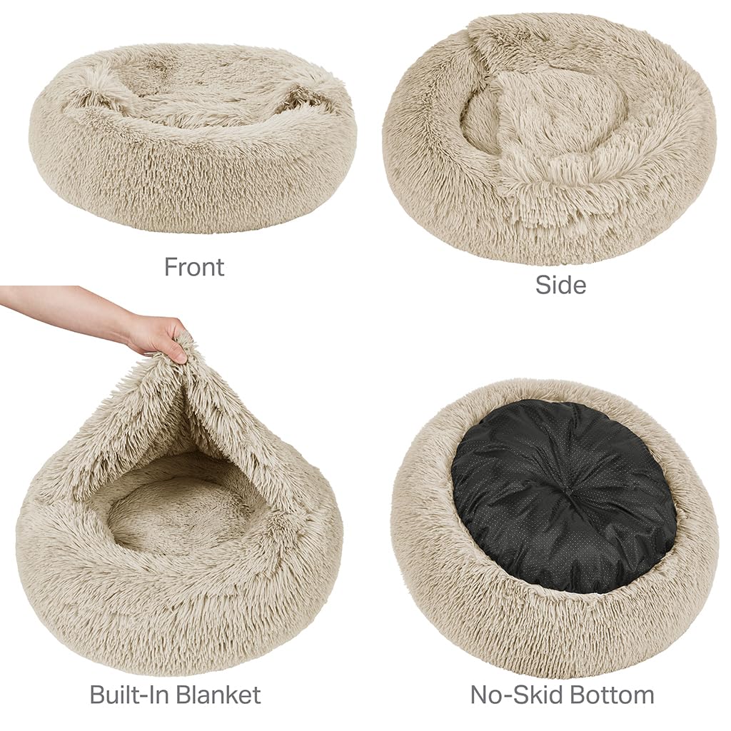 Friends Forever Luna Donut Cat Bed Cave, Soft Faux Fur Hooded Blanket Dog Couch For Indoor Pet, Fluffy Calming Plush Shag, Cozy Round Cushion, Machine Washable Cuddler, Self Warming, Tan, Small (23"x23"x6")