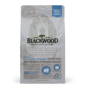 blackwood special diet all life stages dry dog food, 15lb., catfish & pearled barley recipe, sensitive skin and stomach, grain free dog food