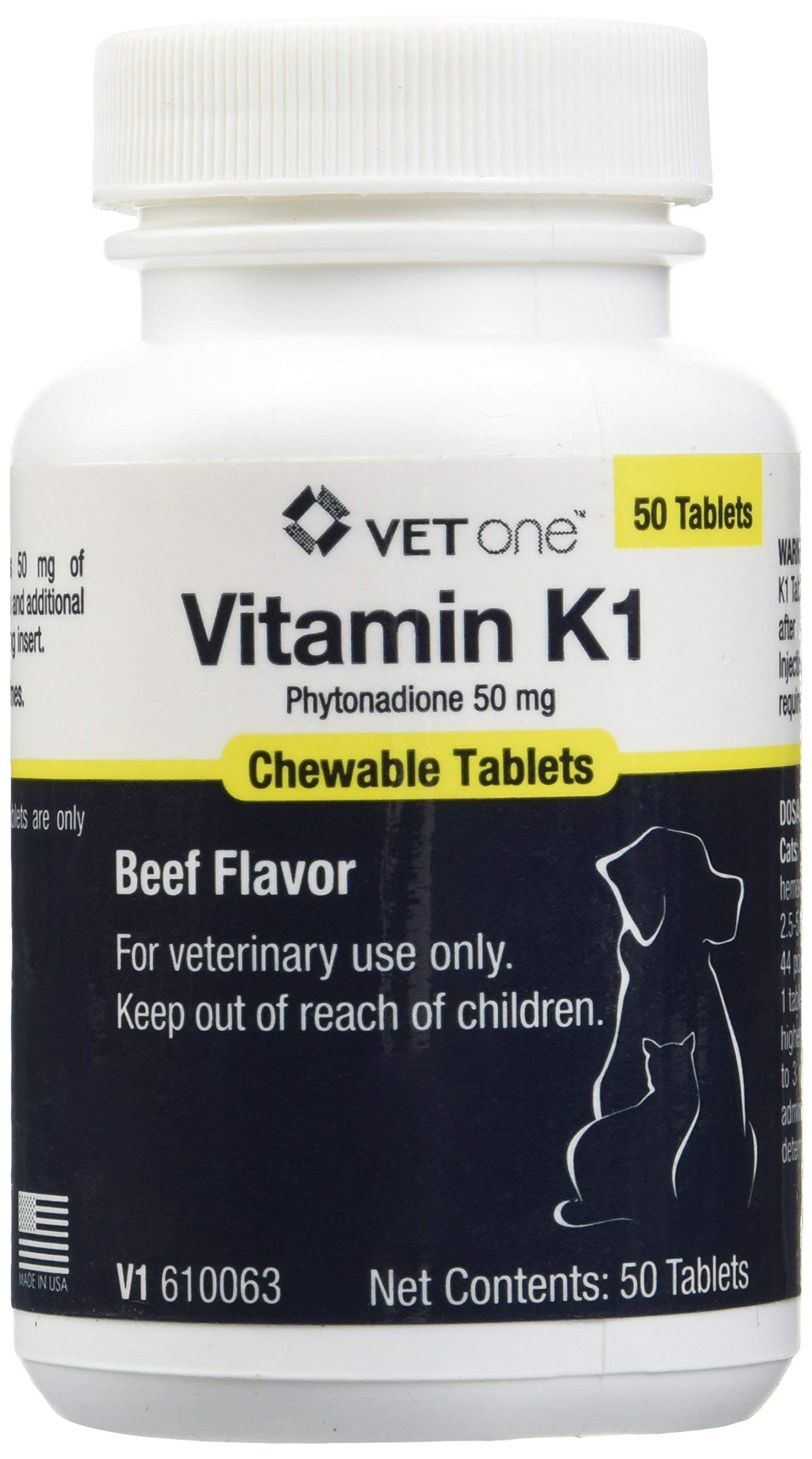 Vet One Vitamin K1 Chewable Tablets - Vitamin K1 for Dogs, Beef-Flavored Chewable Vitamins For Cats and Dogs (50 Tablets, Phytonadione 50mg)