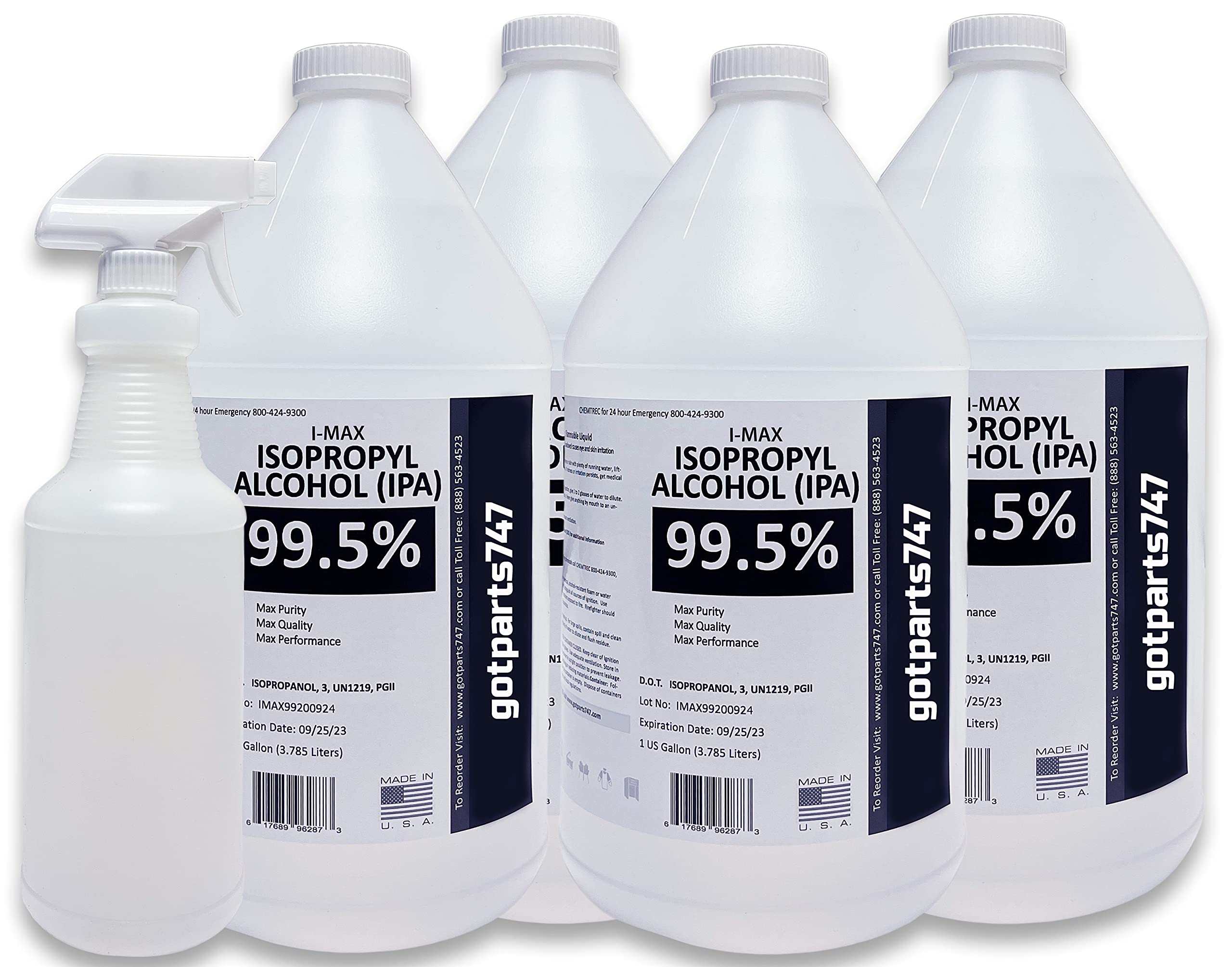 4 Gallons (4x1 case) Isopropyl Alcohol 99.5% - Made in USA High Purity IPA - Includes an Empty Trigger Spray Bottle