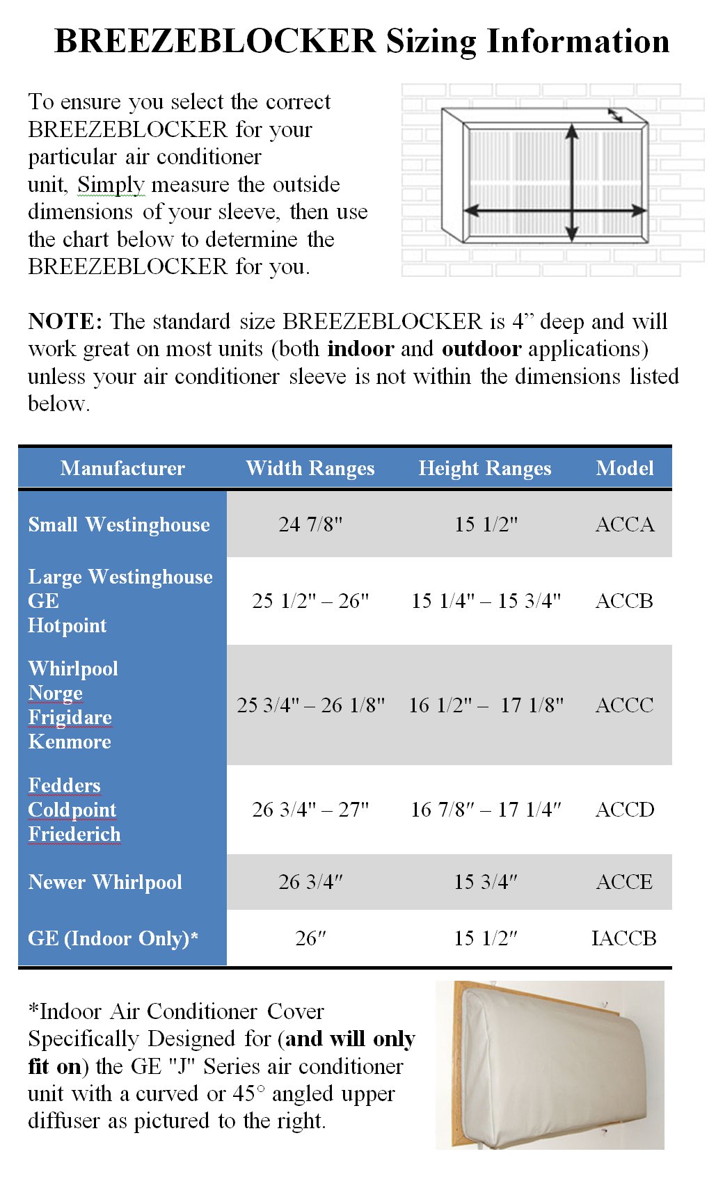 BREEZEBLOCKER Indoor/Outdoor Air Conditioner Cover for Fedders, Coldpoint and Friederich Units - Width Range 26-3/4" to 27" & Height Range 16-7/8" to 17-1/4"