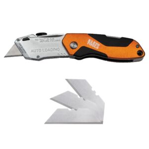 klein tools 44130 utility knife, auto-loading folding heavy duty retractable box cutter, blade storage, 3 blades and pocket clip included