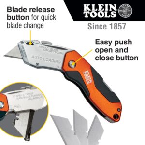 Klein Tools 44130 Utility Knife, Auto-Loading Folding Heavy Duty Retractable Box Cutter, Blade Storage, 3 Blades and Pocket Clip Included