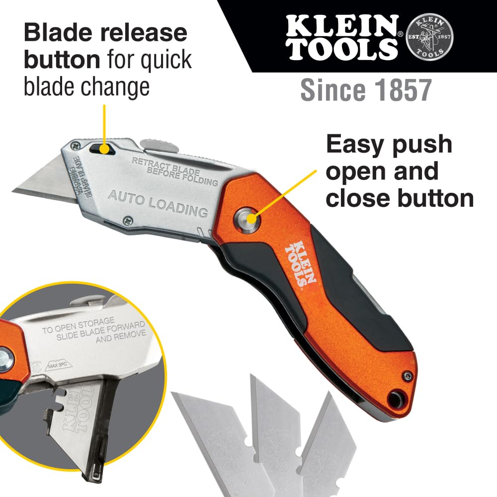 Klein Tools 44130 Utility Knife, Auto-Loading Folding Heavy Duty Retractable Box Cutter, Blade Storage, 3 Blades and Pocket Clip Included