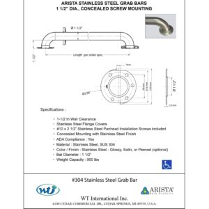 Arista Bath Products 1-1/2-Inch Diameter Stainless Steel Shower Wall Grab Bar, 16-Inch