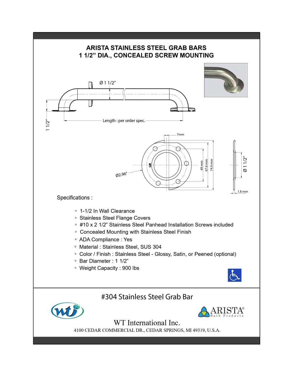 Arista Bath Products 1-1/2-Inch Diameter Stainless Steel Shower Wall Grab Bar, 16-Inch