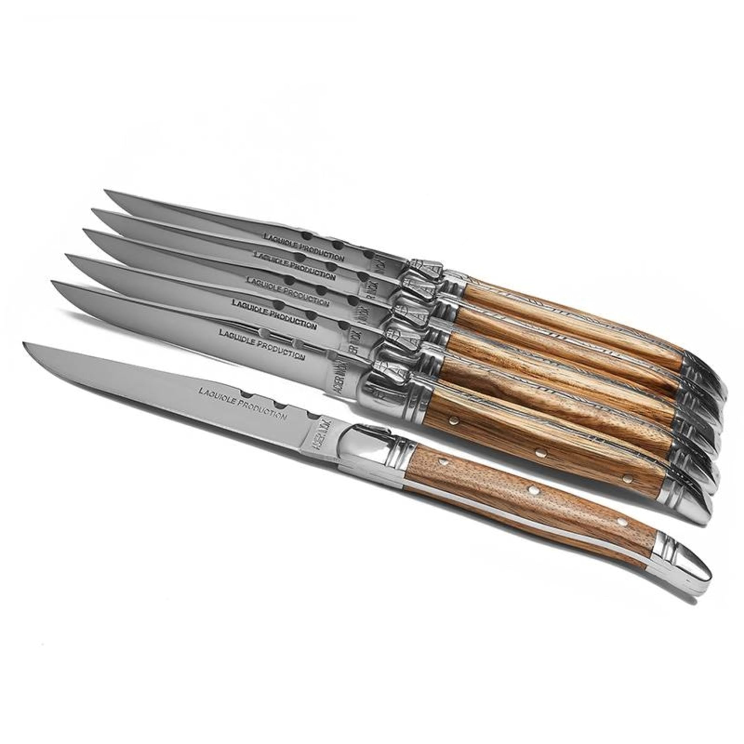 LAGUIOLE HERITAGE Tradition Ultra Sharp Stainless Steel Gourmet Steak Knives Set of 6 | Triple Rivet Knife Cutlery Set, Light Wood Handle, 4.5 Inch Blade