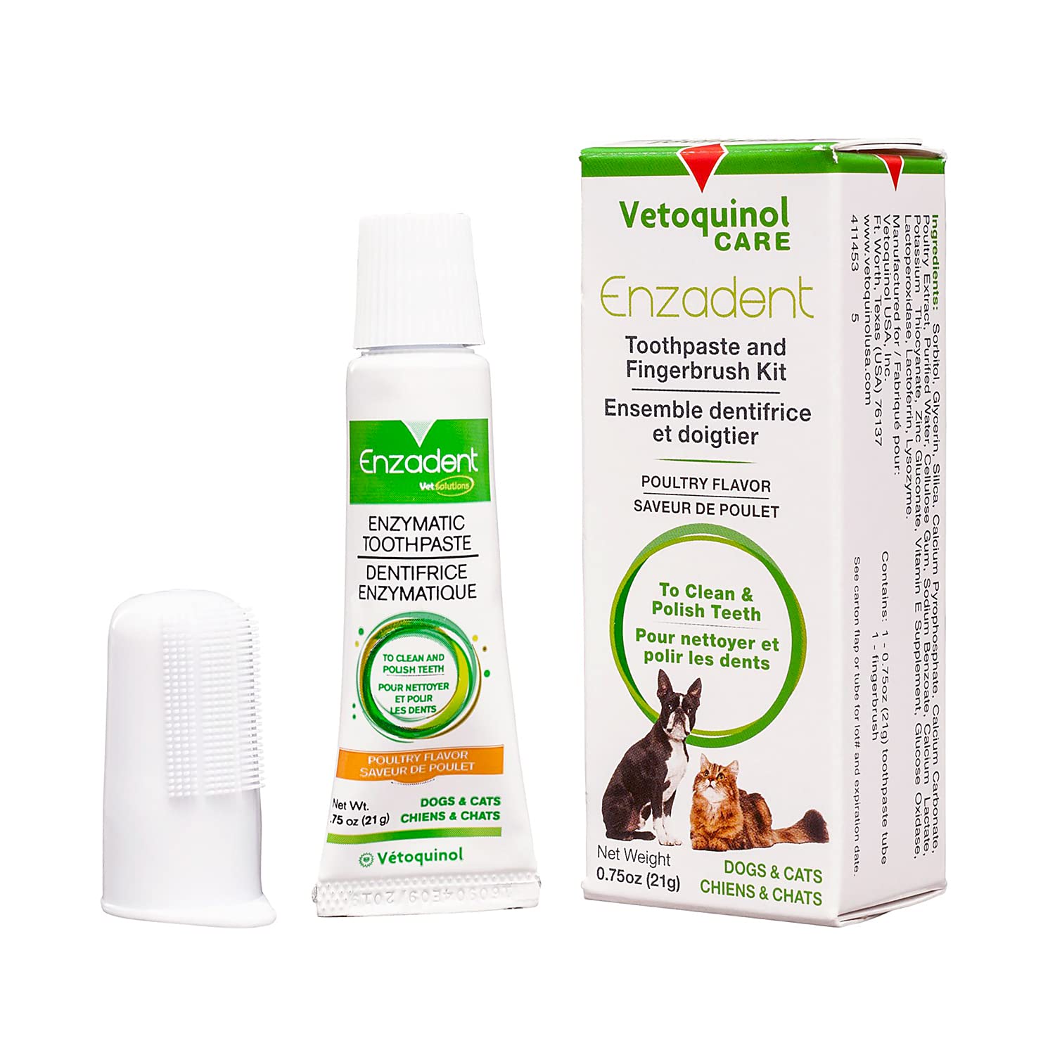 Vetoquinol Enzadent Enzymatic Toothpaste Kit + Fingerbrush for Cats & Dogs – .75oz, Poultry Flavor – Oral Dental Care Kit: Removes Plaque, Polishes Teeth & Freshens Breath