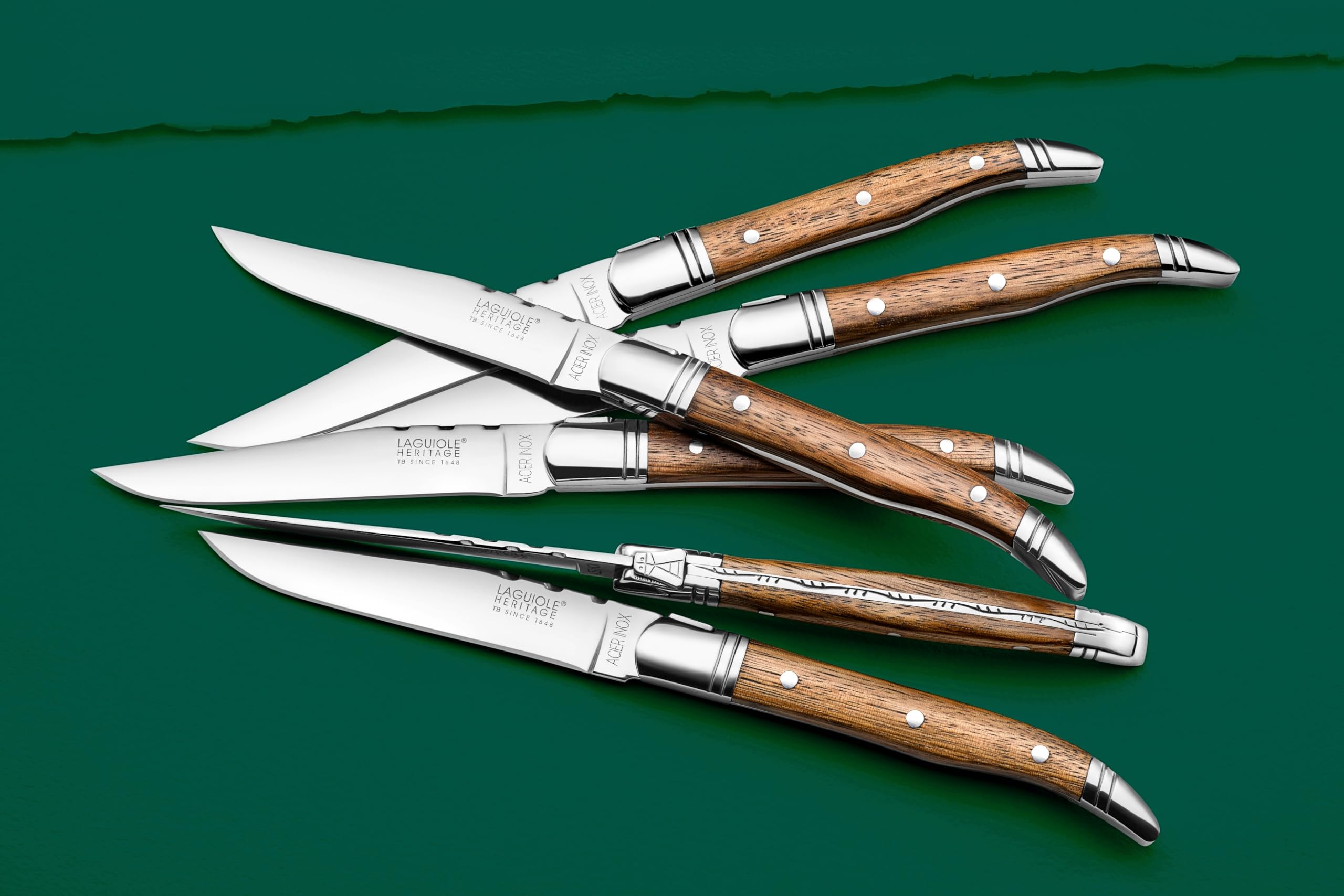 LAGUIOLE HERITAGE Tradition Ultra Sharp Stainless Steel Gourmet Steak Knives Set of 6 | Triple Rivet Knife Cutlery Set, Light Wood Handle, 4.5 Inch Blade