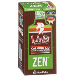 licks pill-free zen dog calming - calming aid supplements for aggressive behavior and nervousness - calming dog treats for stress relief & dog health - gel packets - roasted chicken flavor, 15 use