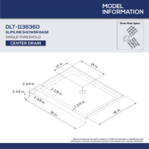 DreamLine SlimLine 36 in. D x 36 in. W x 2 3/4 in. H Center Drain Single Threshold Shower Base in White, DLT-1136360