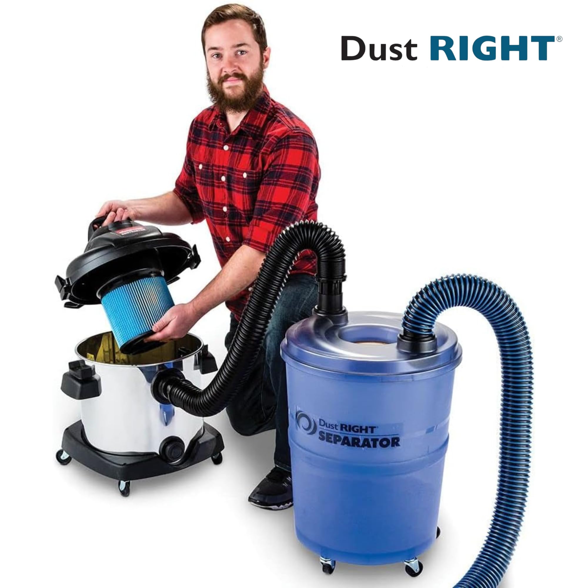 Dust Right Dust Separator + 36” Flex-Form Hose - Cyclone Dust Collector Separates Sawdust, Wood Chips, Debris, and More – 10-Gallon Translucent Bucket - Dust Collectors for Woodworking for Shop Vacs