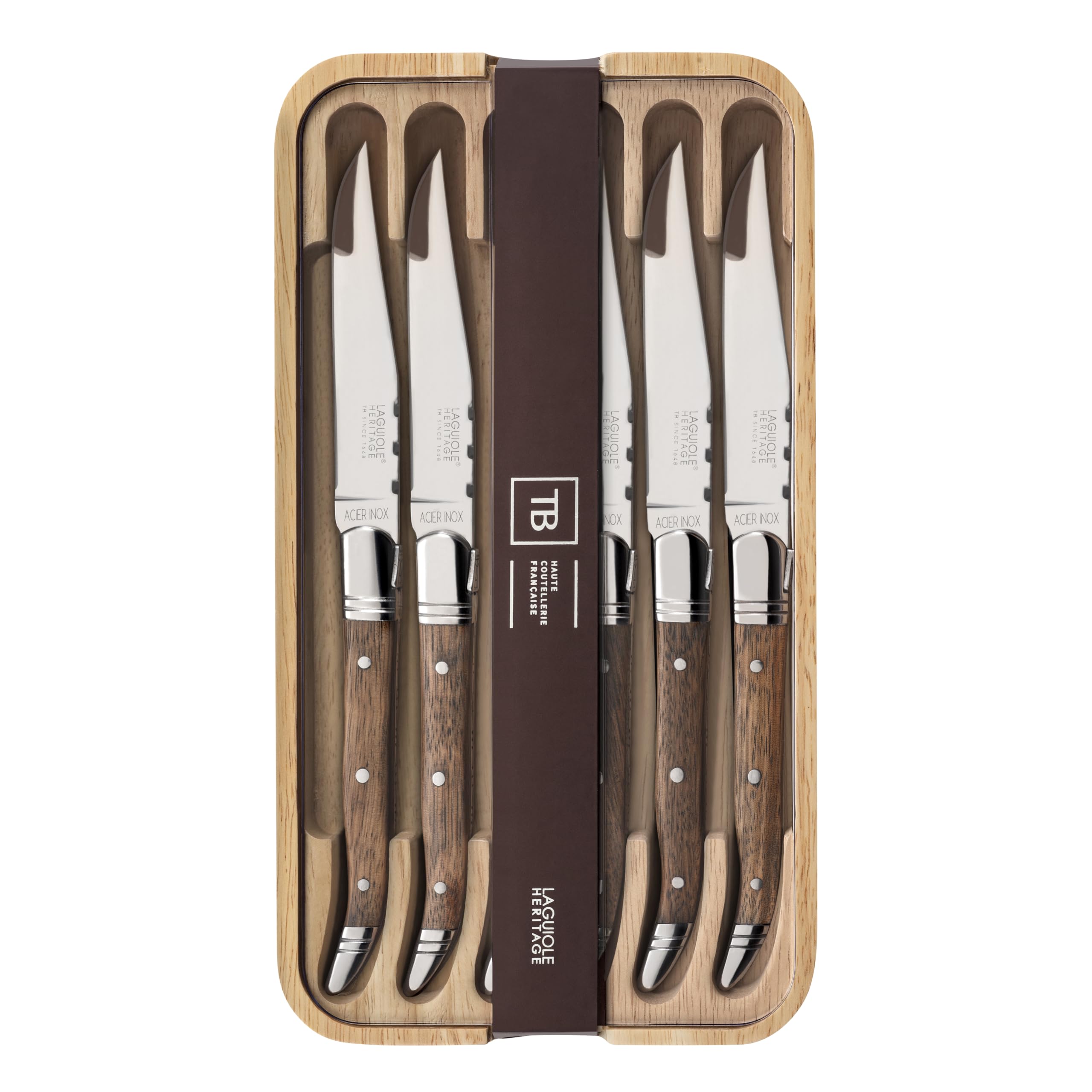 LAGUIOLE HERITAGE Tradition Ultra Sharp Stainless Steel Gourmet Steak Knives Set of 6 | Triple Rivet Knife Cutlery Set, Light Wood Handle, 4.5 Inch Blade