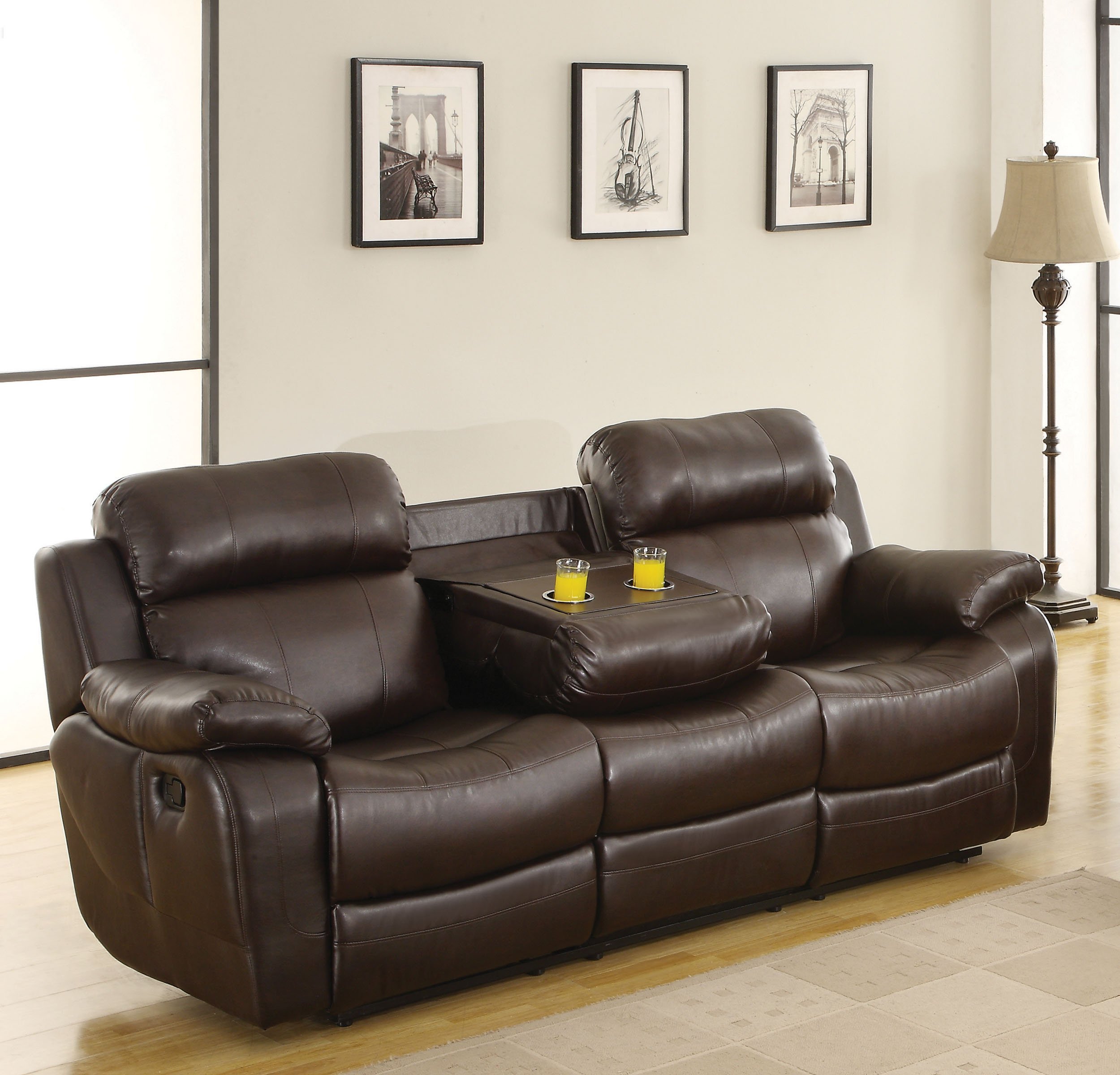 Homelegance Marille Reclining Sofa w/ Center Console Cup Holder, Brown Bonded Leather