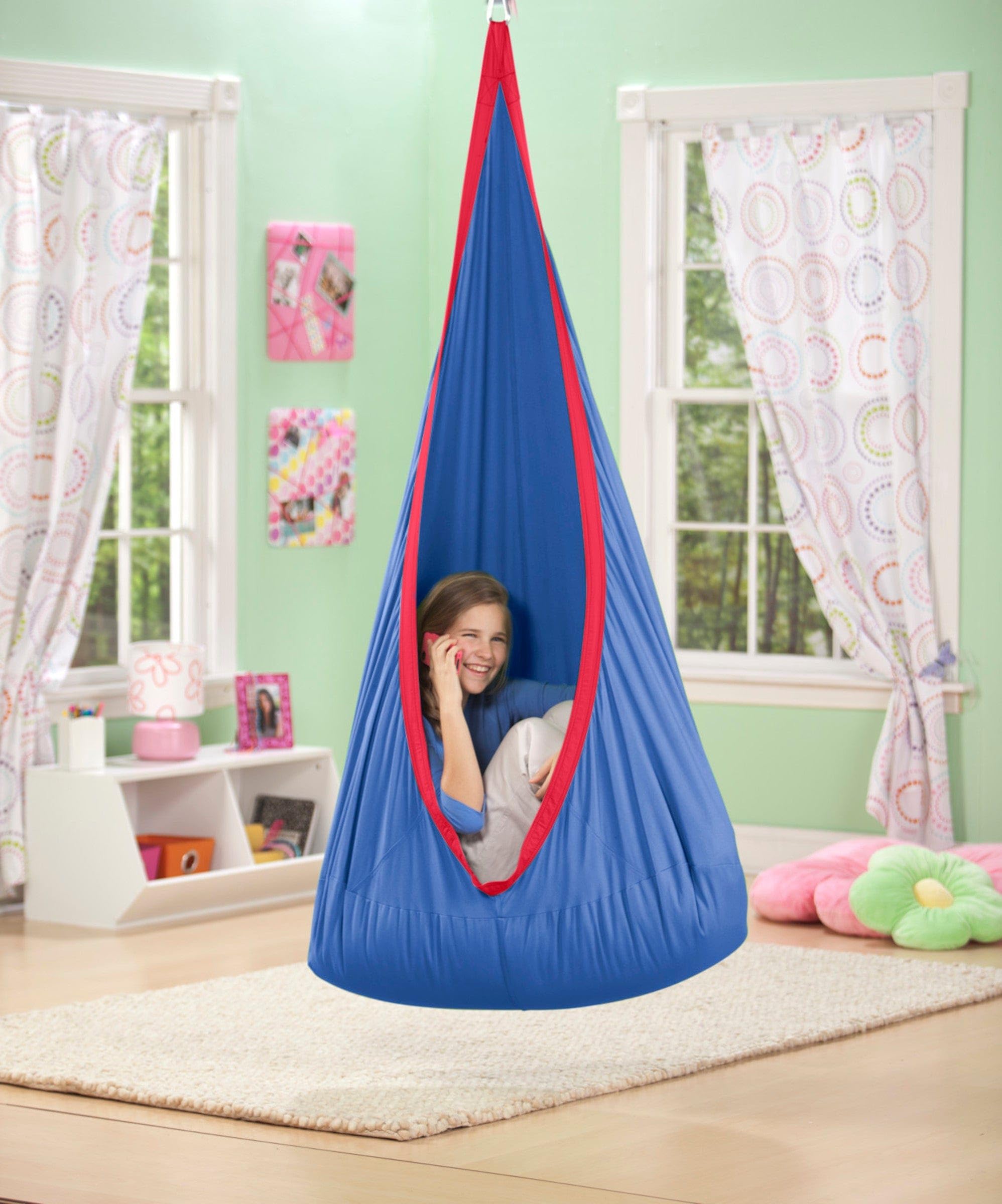 HearthSong Cocoon Hanging hammock chair, 66" H, Royal Blue with Cardinal Red Trim