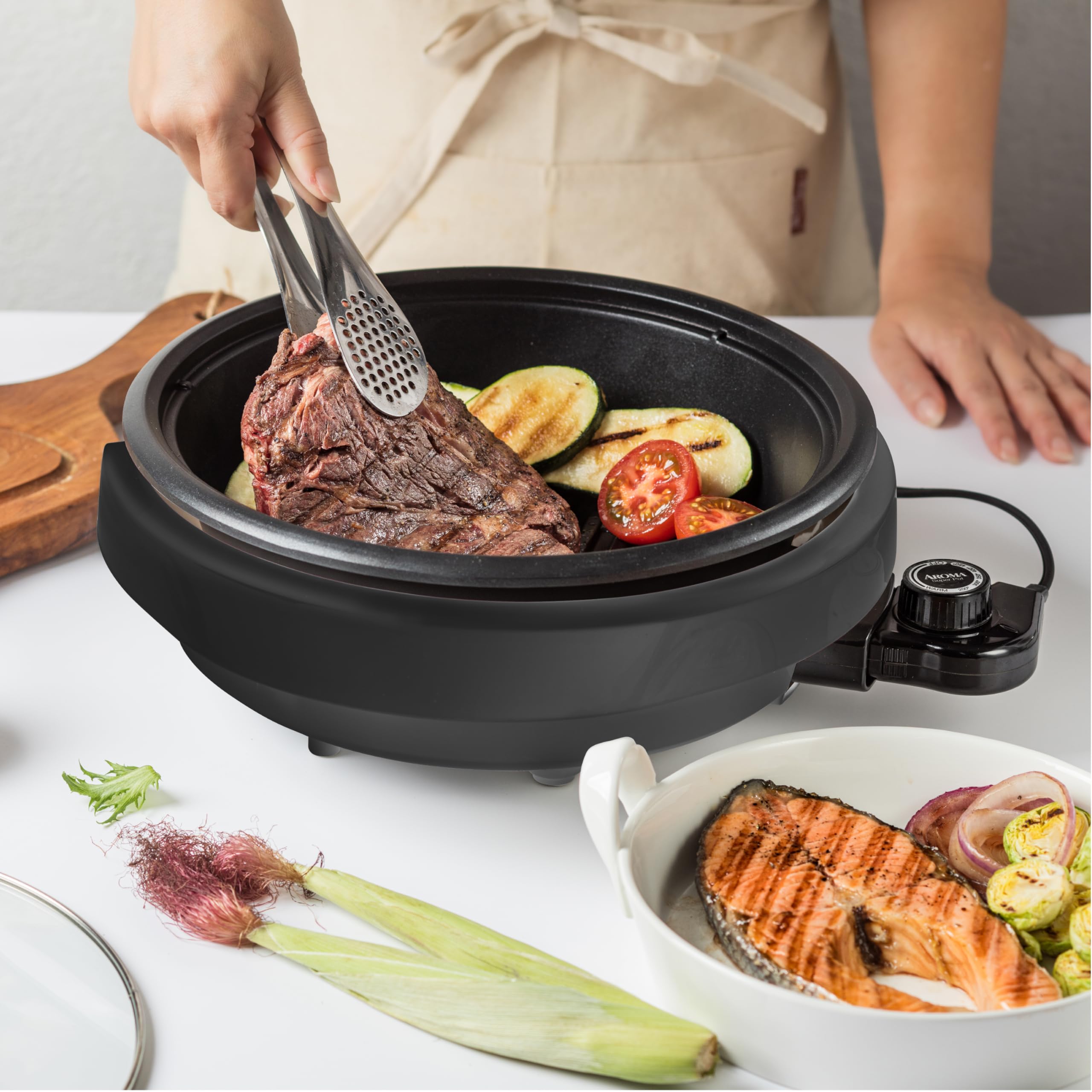 Aroma Housewares ASP-137B Grillet 3Qt. 3-in-1 Cool-Touch Electric Indoor Grill Portable, Dishwasher Safe, with 10 in. Nonstick Pan & Tempered Glass Lid, Black