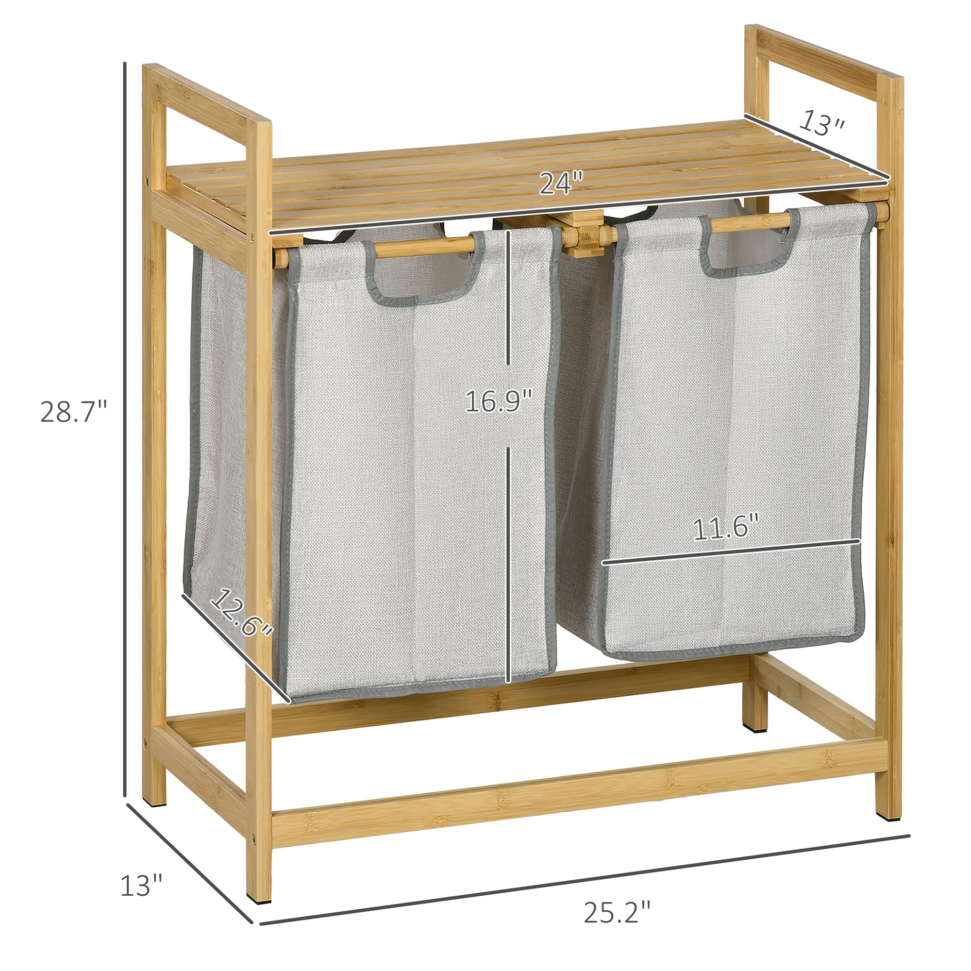 HOMCOM Double Laundry Hamper 2 Section Bamboo Laundry Basket with Storage Shelf 2 Pull-Out and Removable Bags for Bedroom Bathroom Laundry Room 2 x 10.7 Gallons Natural Wood and Dark Gray