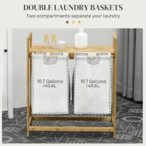 HOMCOM Double Laundry Hamper 2 Section Bamboo Laundry Basket with Storage Shelf 2 Pull-Out and Removable Bags for Bedroom Bathroom Laundry Room 2 x 10.7 Gallons Natural Wood and Dark Gray