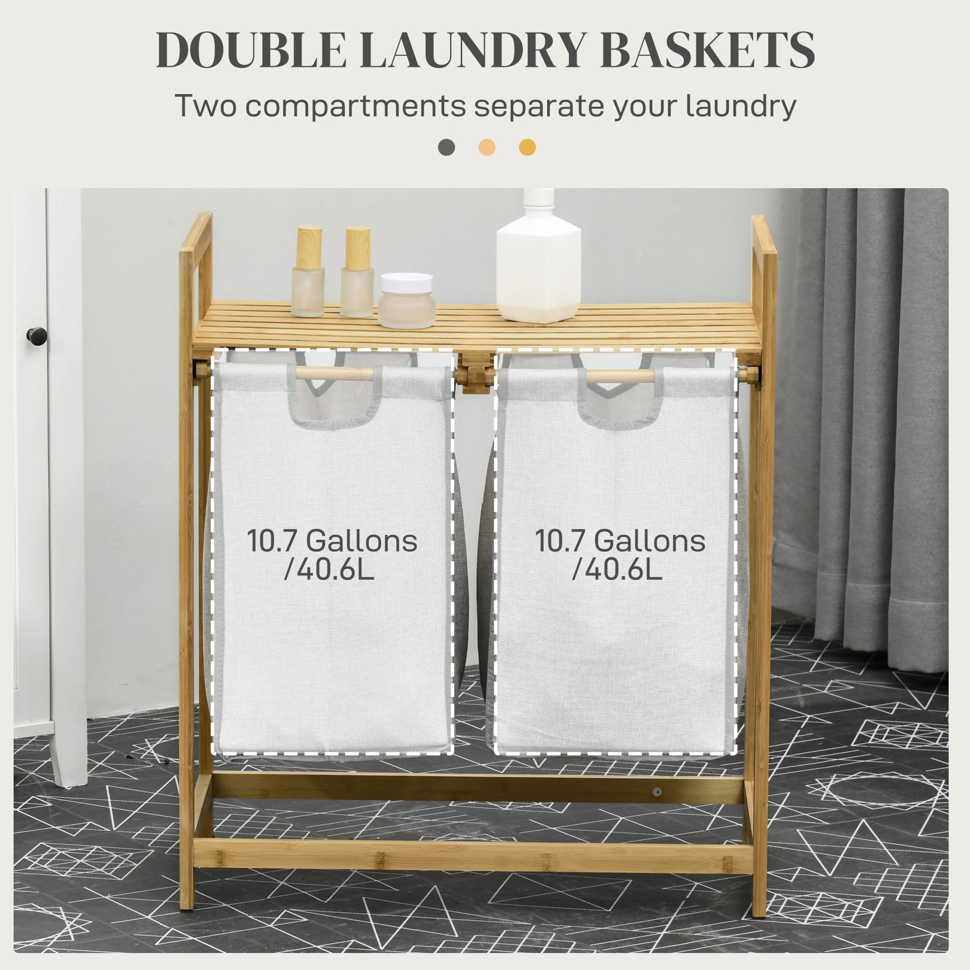 HOMCOM Double Laundry Hamper 2 Section Bamboo Laundry Basket with Storage Shelf 2 Pull-Out and Removable Bags for Bedroom Bathroom Laundry Room 2 x 10.7 Gallons Natural Wood and Dark Gray