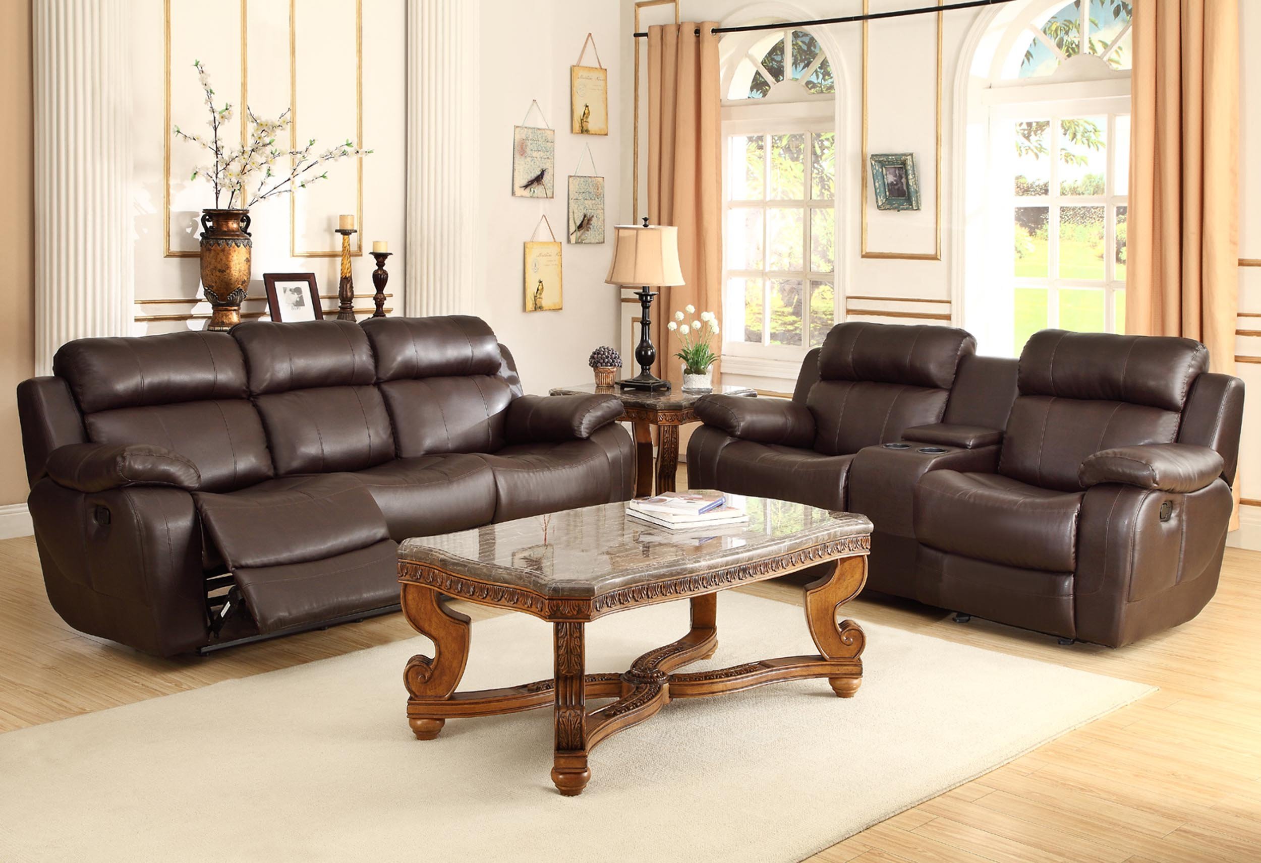 Homelegance Marille Reclining Sofa w/ Center Console Cup Holder, Brown Bonded Leather