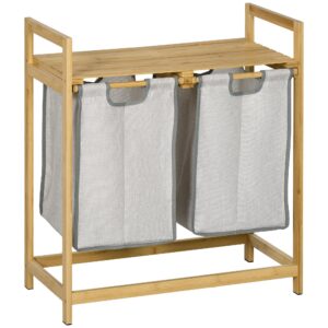 homcom double laundry hamper 2 section bamboo laundry basket with storage shelf 2 pull-out and removable bags for bedroom bathroom laundry room 2 x 10.7 gallons natural wood and dark gray