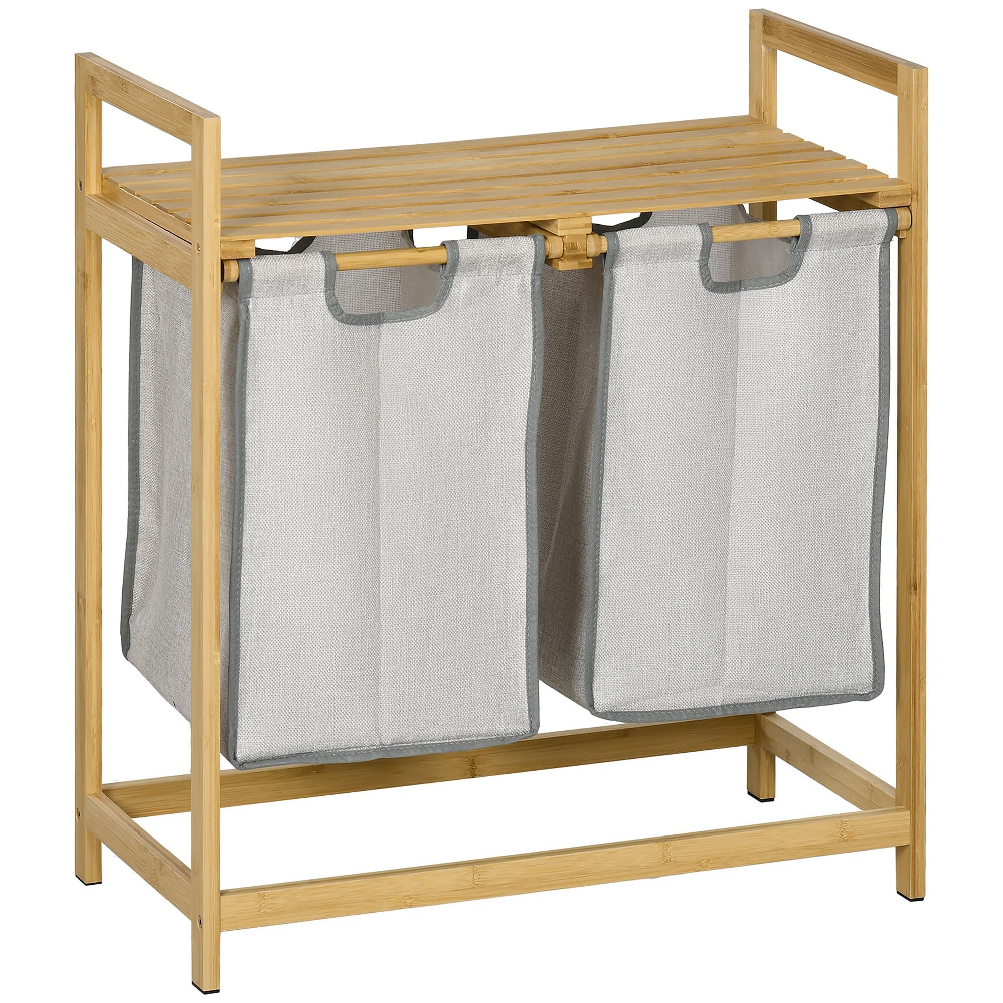 HOMCOM Double Laundry Hamper 2 Section Bamboo Laundry Basket with Storage Shelf 2 Pull-Out and Removable Bags for Bedroom Bathroom Laundry Room 2 x 10.7 Gallons Natural Wood and Dark Gray