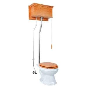 renovators supply manufacturing high tank pull chain toilet with light oak wooden raised high tank 59 in. to 74 in. adjustable height chrome z pipe and round toilet bowl