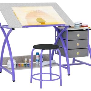 SD STUDIO DESIGNS 2 Piece Comet Craft Table | Angle Adjustable Top and Stool | Purple/Spatter Gray | 23.75 x 50 x 29.5 inches