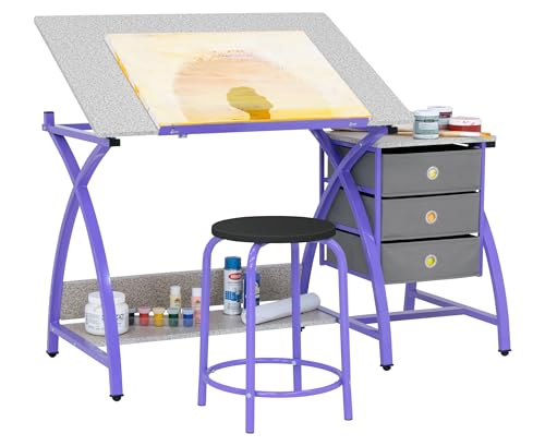 SD STUDIO DESIGNS 2 Piece Comet Craft Table | Angle Adjustable Top and Stool | Purple/Spatter Gray | 23.75 x 50 x 29.5 inches