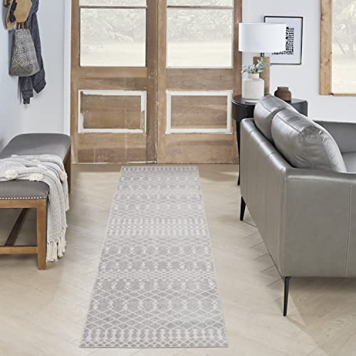 Nourison Astra Machine Washable Moroccan Grey 2'2' x 12' Area -Rug, Easy -Cleaning, Non Shedding, Bed Room, Living Room, Dining Room, Kitchen (2x12)