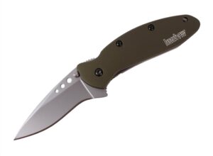 kershaw scallion, olive drab pocket knife (1620ol); 2.4 bead-blasted 420hc steel blade, anodized aluminum handle, speedsafe assisted opening, liner and tip lock, single-position pocketclip; 2.5 oz