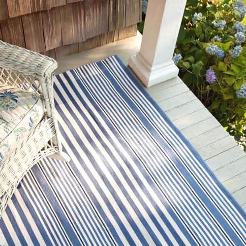 Dash and Albert Rugby Stripe Indoor/Outdoor Area Rug - 3' x 5' Denim - Striped Handwoven Washable Accent Rug - Durable, Lightweight, Fade Resistant, High Traffic Areas Sunroom, Deck, Kitchen, Patio