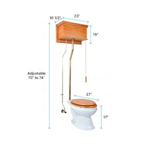 Renovators Supply Manufacturing High Tank Pull Chain Toilet with Light Oak Wooden Raised High Tank 59 in. to 74 in. Adjustable Height Chrome Z Pipe and Round Toilet Bowl