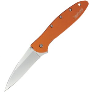 kershaw leek, orange pocket knife (1660or), 3 bead-blasted high-performance sandvik 14c28n steel blade, orange anodized aluminum handle, speedsafe assisted opening, liner and tip lock slider; 2.4 oz