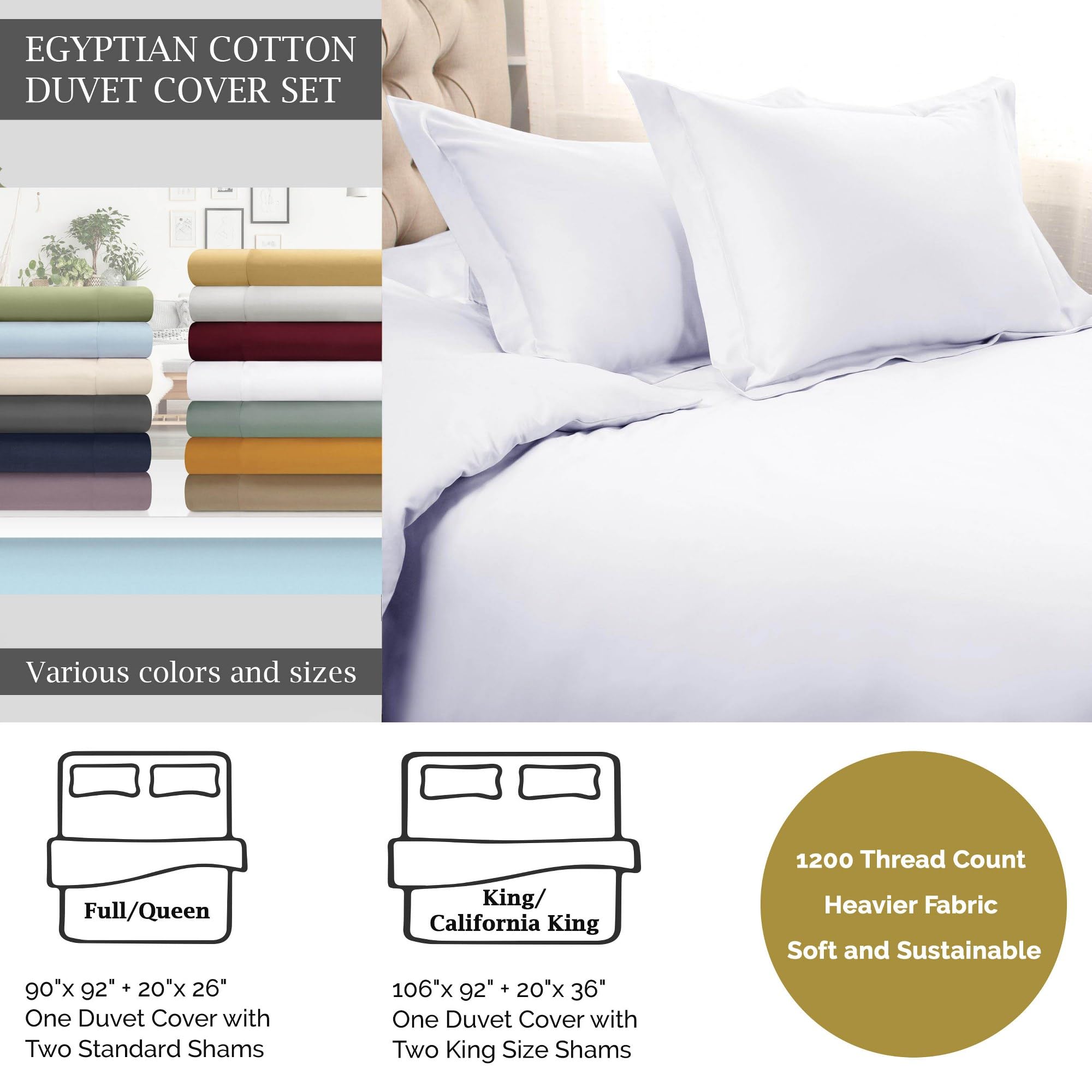 Superior Egyptian Cotton 1200 Thread Count Solid 3-Piece Duvet Cover Set, 1 Duvet Cover, 2 Pillow Shams, Bedding Essentials Decor, Soft Comforter Cover, King/California King, Teal