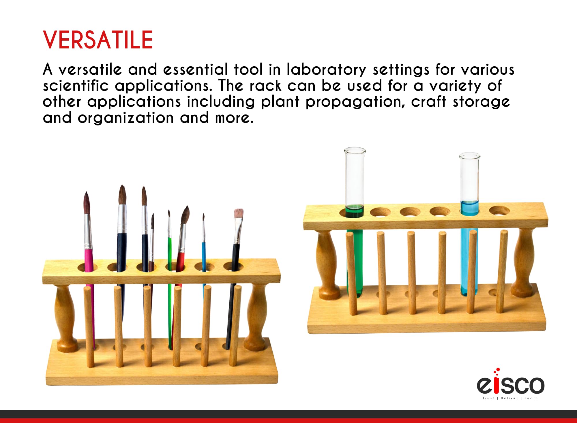 EISCO Premium Test Tube Rack, (6) 25mm Holes and (6) Pins - Solid Wood - 9.4" Long, 3.75" Tall