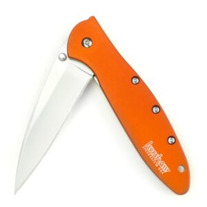 Kershaw Leek, Orange Pocket Knife (1660OR), 3 Bead-Blasted High-Performance Sandvik 14C28N Steel Blade, Orange Anodized Aluminum Handle, SpeedSafe Assisted Opening, Liner and Tip Lock Slider; 2.4 OZ